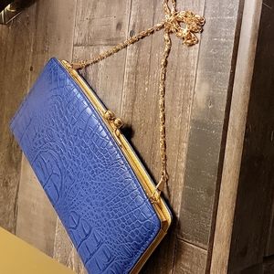 Blue evening clutch/wallet with detachable gold chain